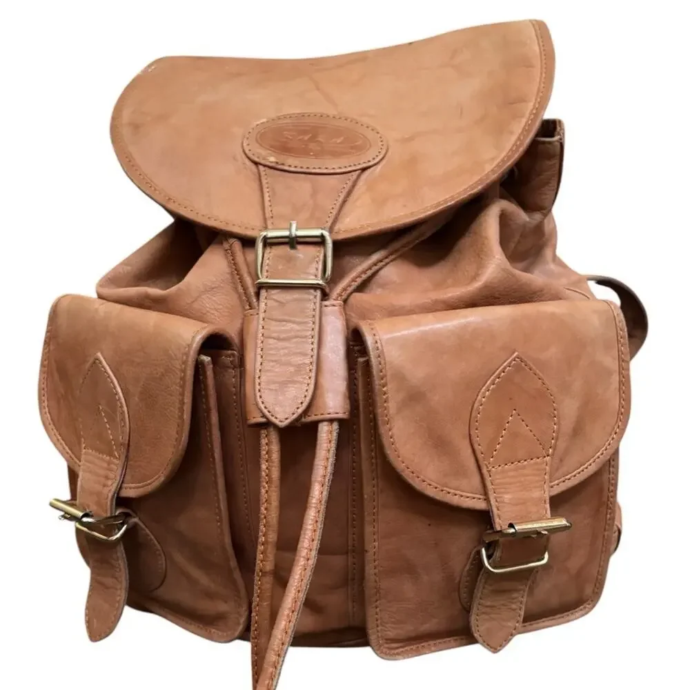 Vtg Kara Leather Backpack Tan Leather Rucksack Heritage Utility Boho USA Bag